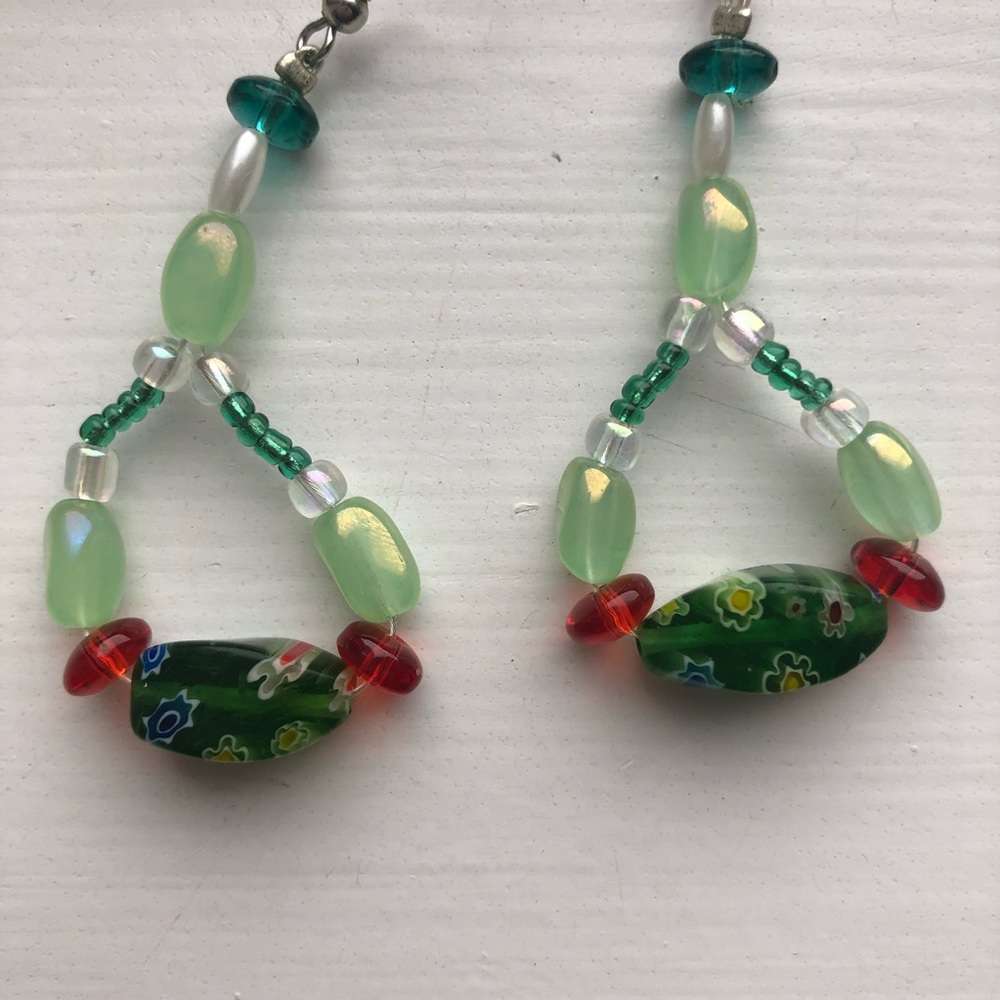 Boho green & red beaded drop earrings - Picture 3 of 6